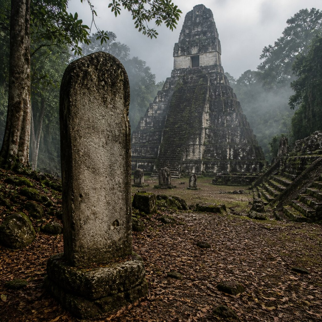 Illustration historique : Dernière stèle de Tikal et l'Effondrement Classique