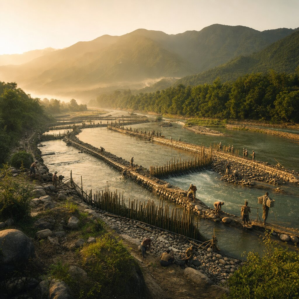 Illustration historique : Construction du système d'irrigation de Dujiangyan par Li Bing